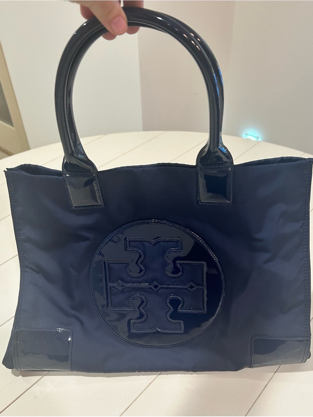 Tory Burch Navy Patent Logo Tote